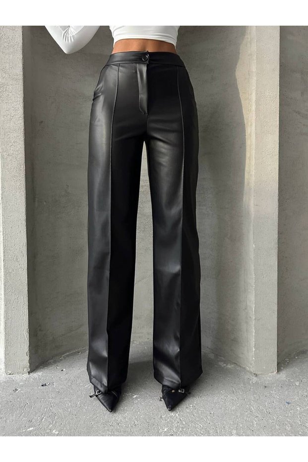 Women's Black High Waist Faux Leather Palazzo Trousers Nh27654