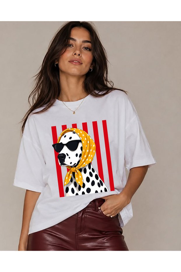 Icon Cat Dog Mix Printed Oversize Basic Short Sleeve White Tshirt