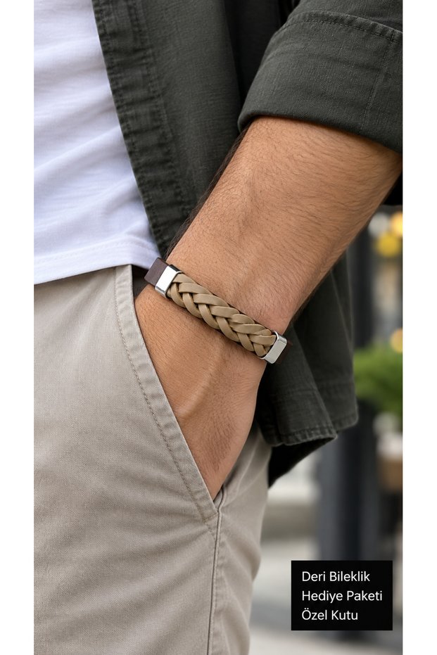 Jorvello Ashplait Brown Leather Men's Bracelet - Mink Thick Knit Detail