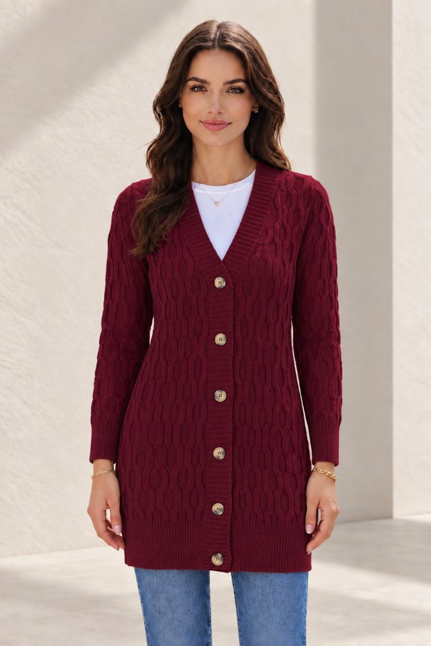 Women's V-Neck Long Sleeve Buttoned Chain Knit Patterned Embossed Burgundy Knitwear Cardigan