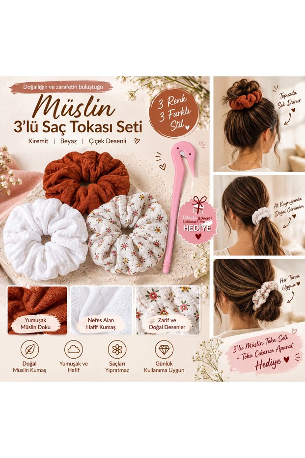 3-Piece Muslin Scrunchie Hair Clip Set Tile White Floral – Elastic Bagel Clip