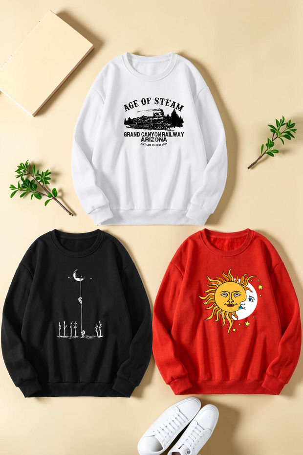 Unisex Mixed Printed Crew Neck Sweatshirt Set – Pack of 3