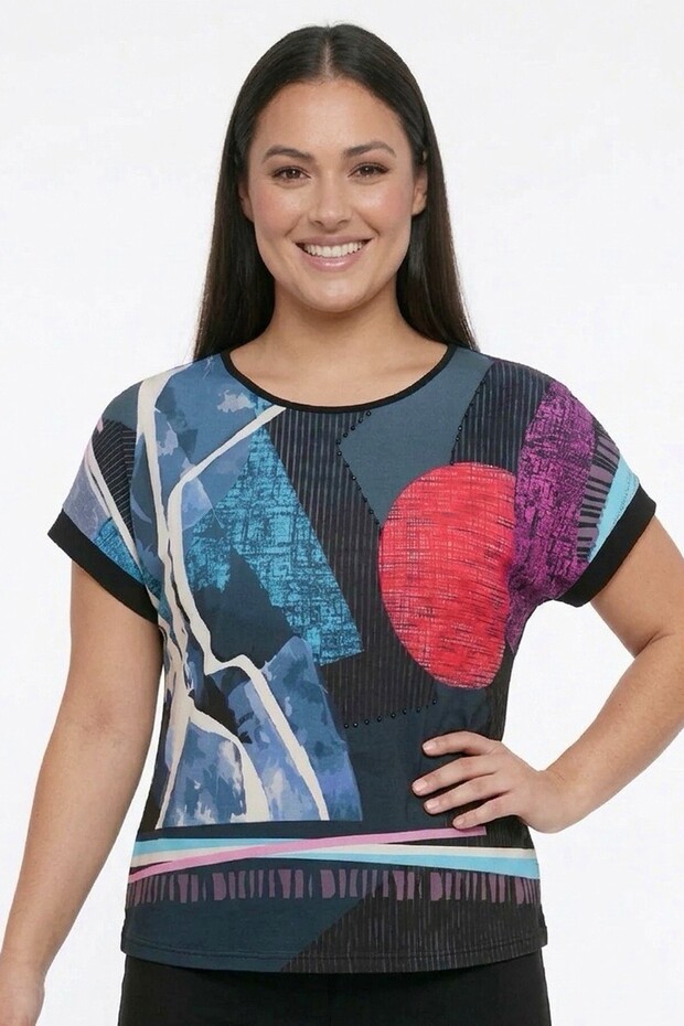 Women's Abstract Print Blocky Bead Detailed Lycra Viscose Short Sleeve Plus Size Blouse
