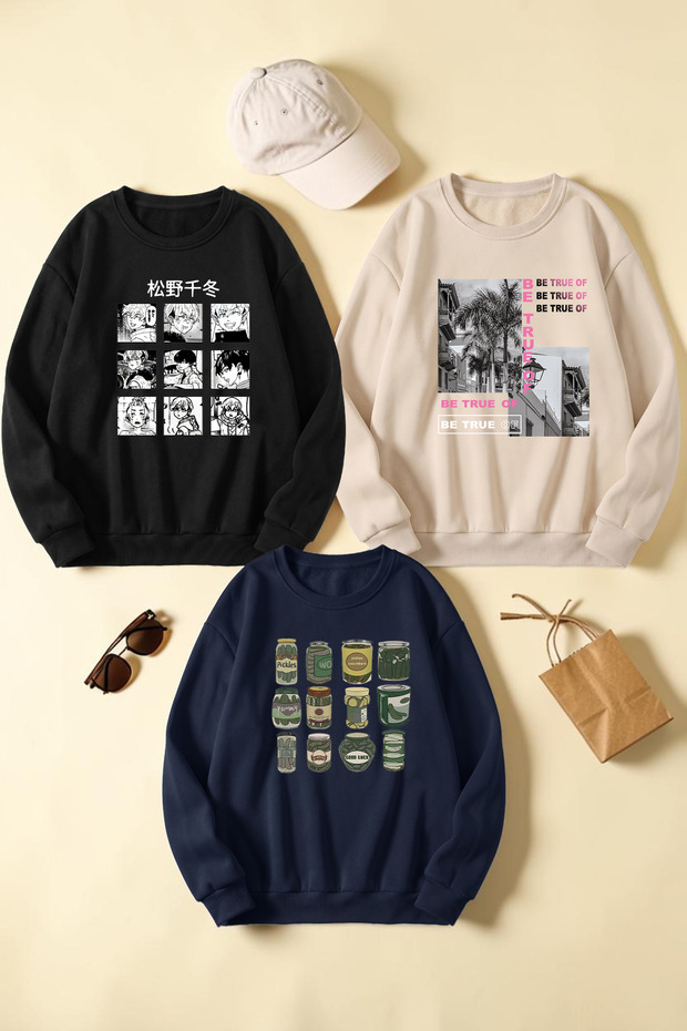 Unisex Mixed Printed Crew Neck Sweatshirt Set – Pack of 3