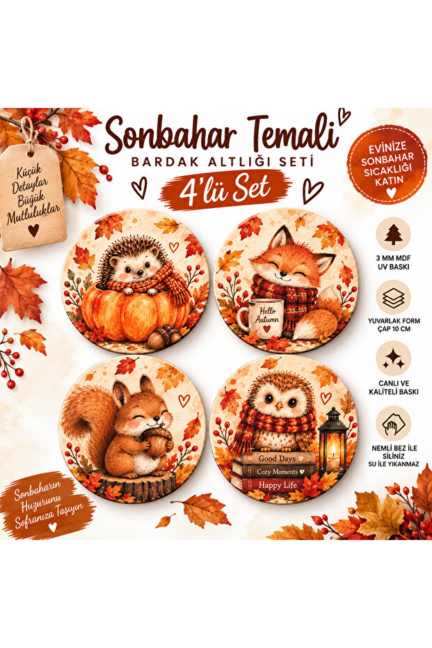 Autumn Themed Set of 4 Round Coasters – 10 cm 3 mm Mdf Uv Printing – Cute Animal Patterns