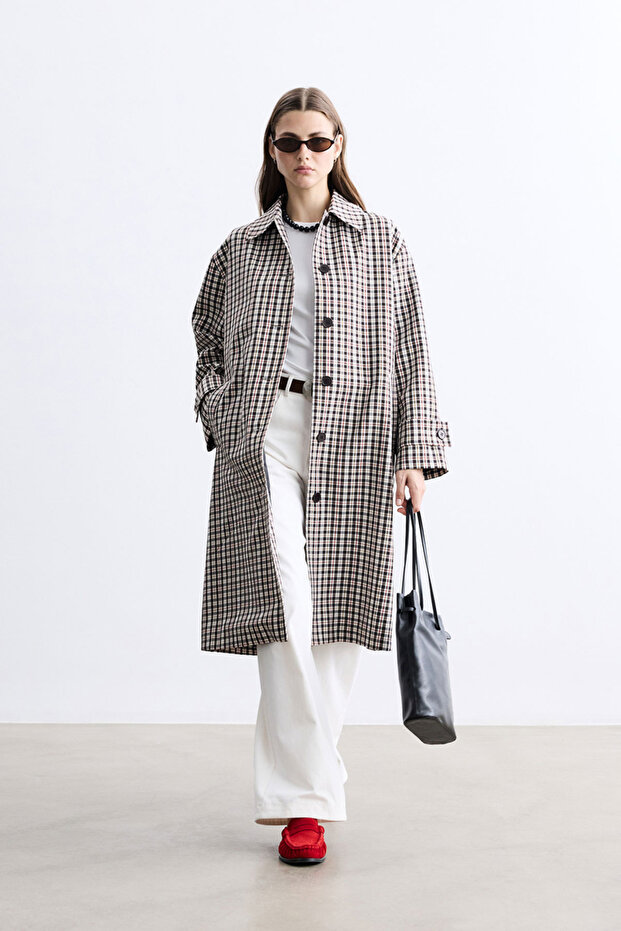 Plaid Patterned Minimal Trench Coat