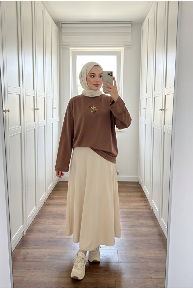 Women's Floral Embroidery Detailed Loose Long Sweatshirt Tunic