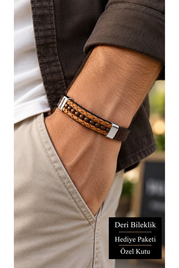 Pirevano Honeybead Brown Leather Men's Bracelet - Beaded and Braided Layered