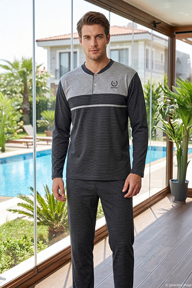 Men's Long Sleeve Combed Cotton Pajama Set 3020 Anthracite01
