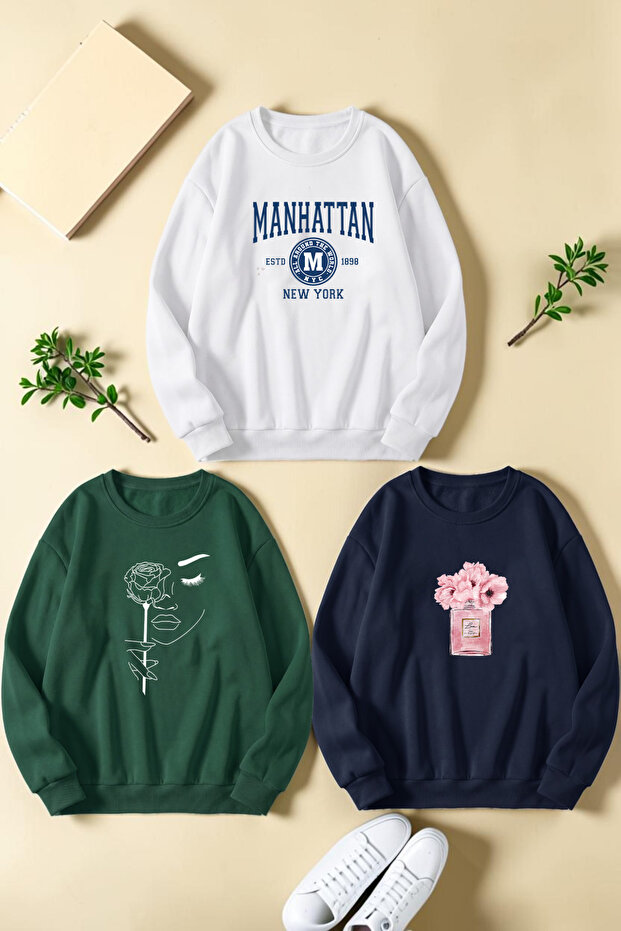 Unisex Mixed Printed Crew Neck Sweatshirt Set – Pack of 3