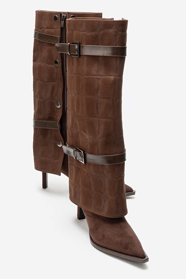 Pien Brown Suede Print Pointed Toe Women's Thin Heeled Boots