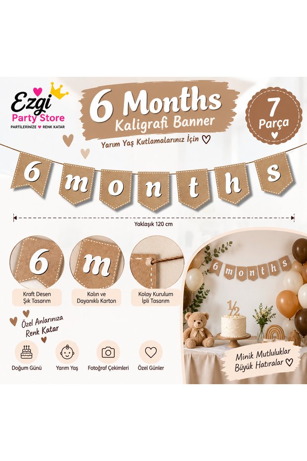 6 Months Half Birthday Banner 7 Pieces Kraft 6 Months Baby Birthday Celebration Party Decoration