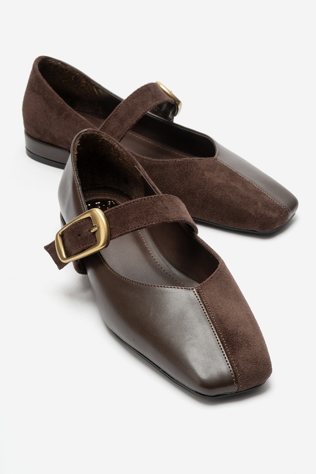 Curzon Brown Leather Suede Women's Belted Ballerina Shoes