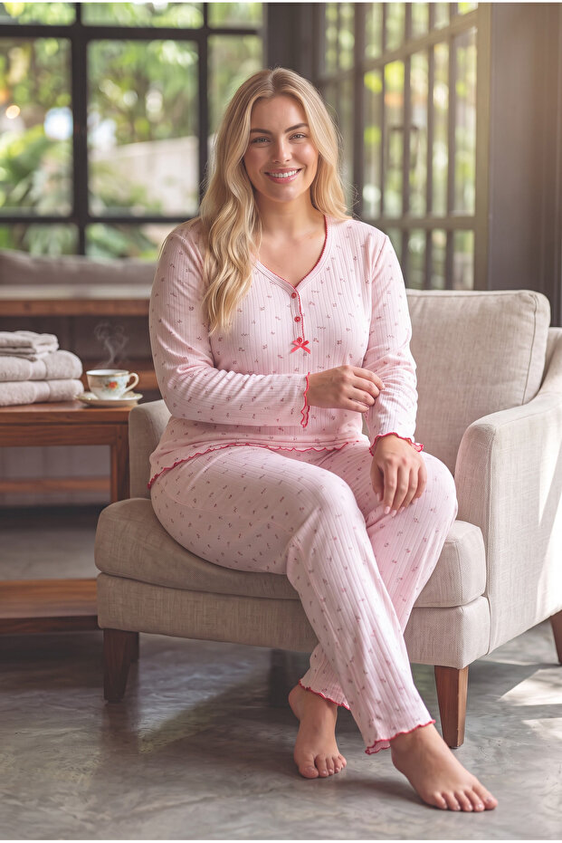 Reported Interlock Fabric Collar Buttoned Winter Plus Size Women's Pajama Set 2900