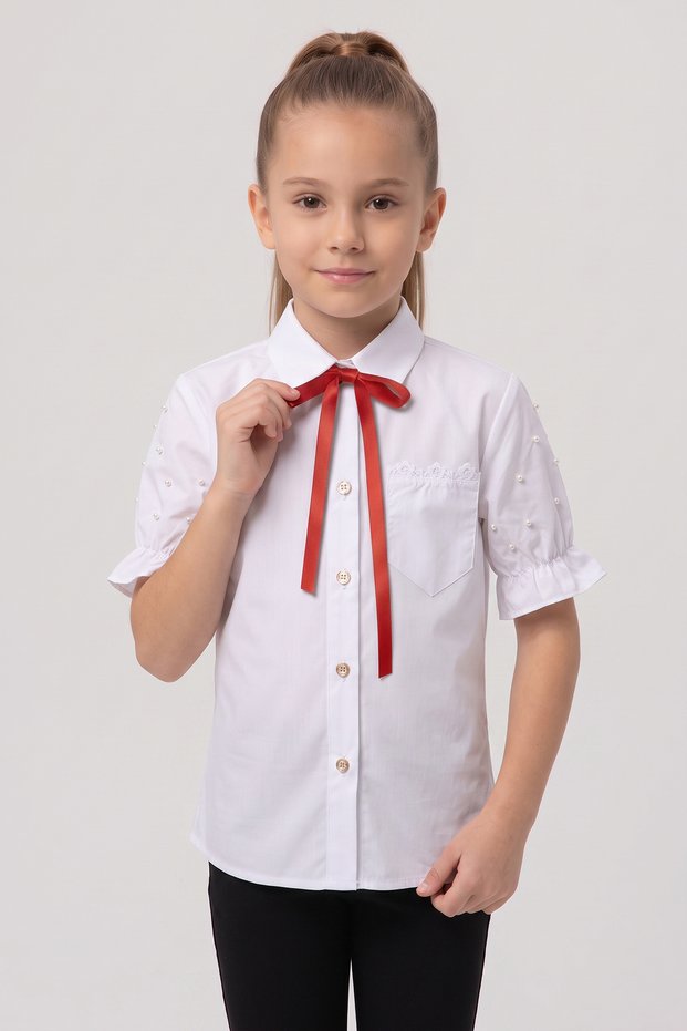 Girl's Red Ribbon Short Sleeve Pearl Detailed Sleeve Ruffle Pocket Shirt April 23 October 29 Show Outfit
