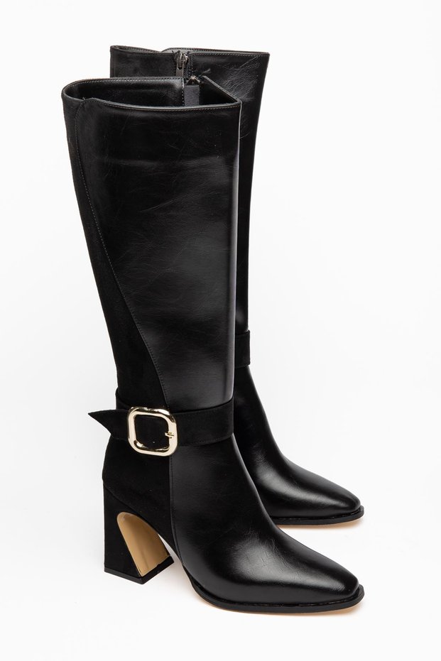 Sarya Women's Black Leather - Suede Buckle Special Design Heeled Boots