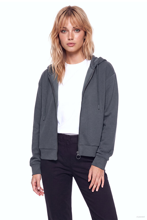 Women's Regular Fit Stone Patterned Hooded Long Sleeve Anthracite Sweatshirt