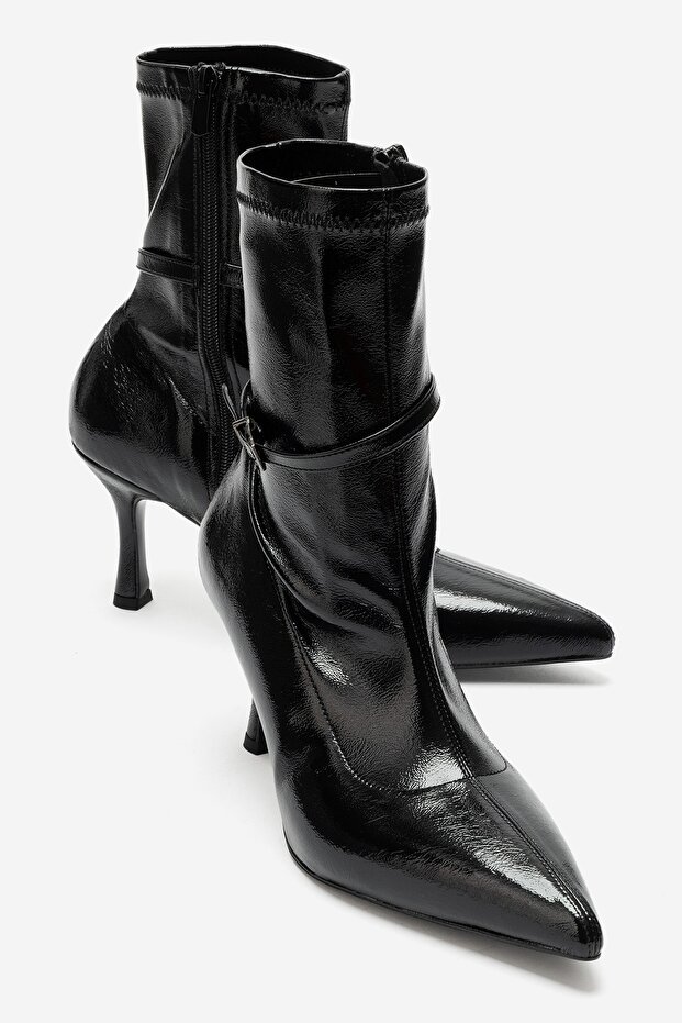 Andora Black Wrinkled Patent Leather Women's Heeled Boots