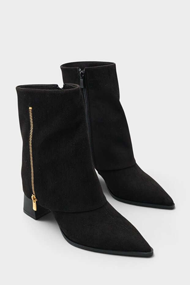 Ruthe Suede Look Zippered Pointed Toe Thick Heeled Stylish Boots