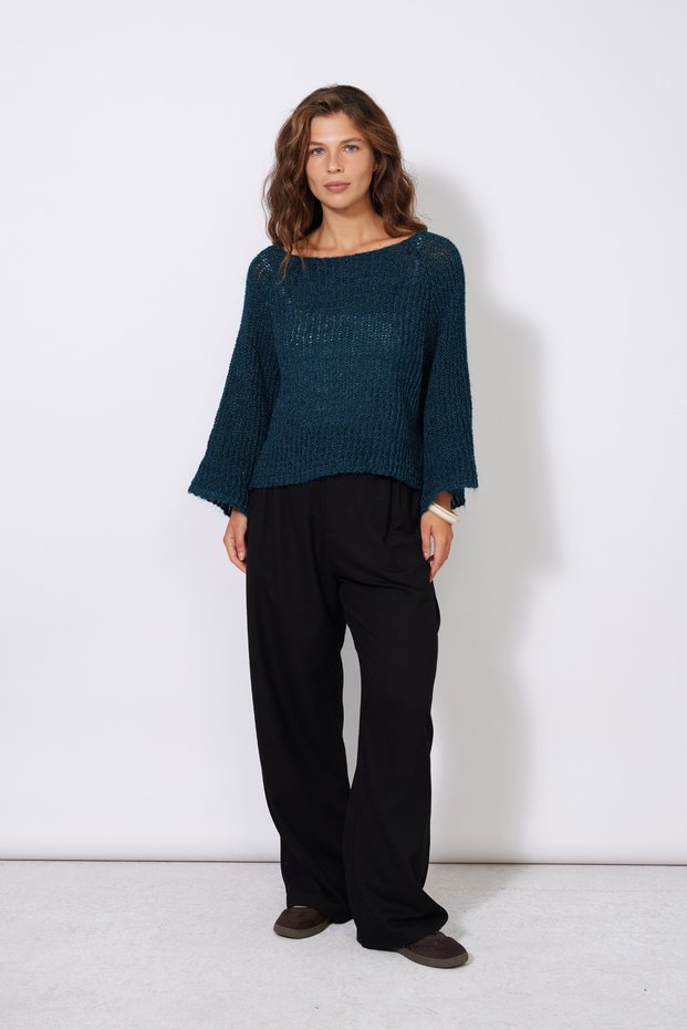 Openwork Knitted Italian Sleevewear Sweater Petrol