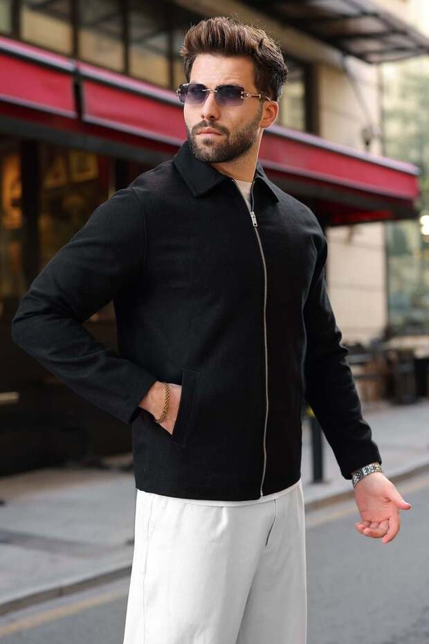 Black Zippered Lined Cashmere Men's Jacket E7207