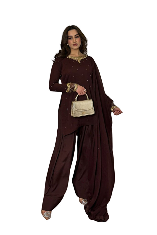 Brown Maska Cotton Top Bottom & Dupatta - HRT2824 - Brown-Size:S-36-Inches