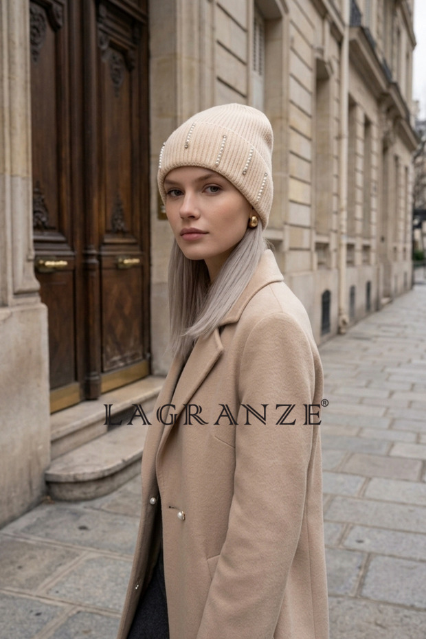 Ribbed Knit Row Pearl Detailed Women's Beanie