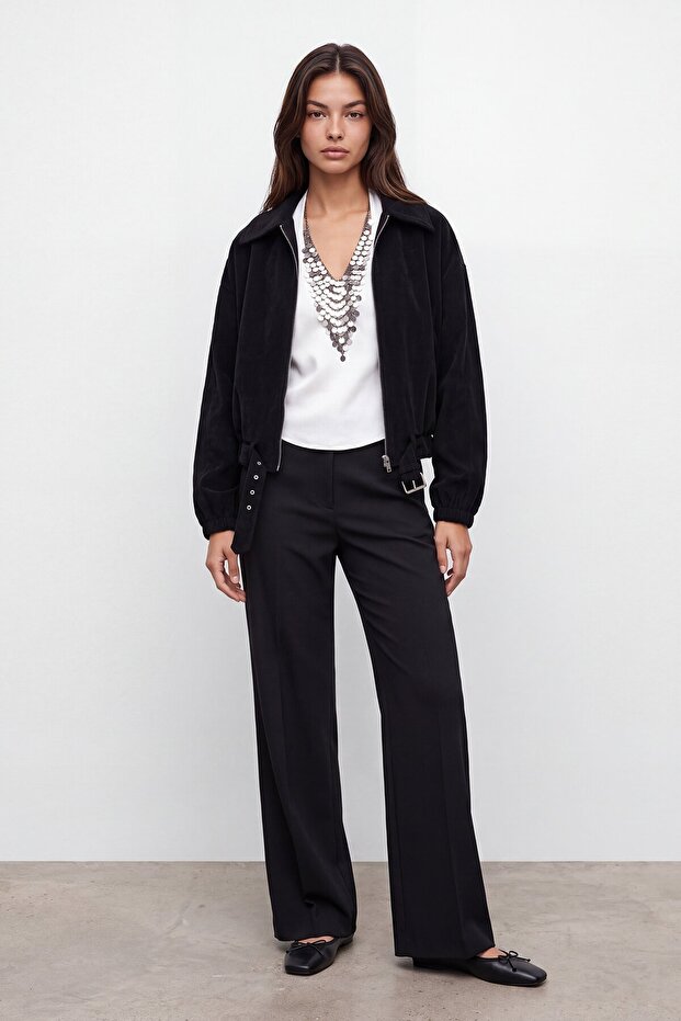 Short belted suede jacket