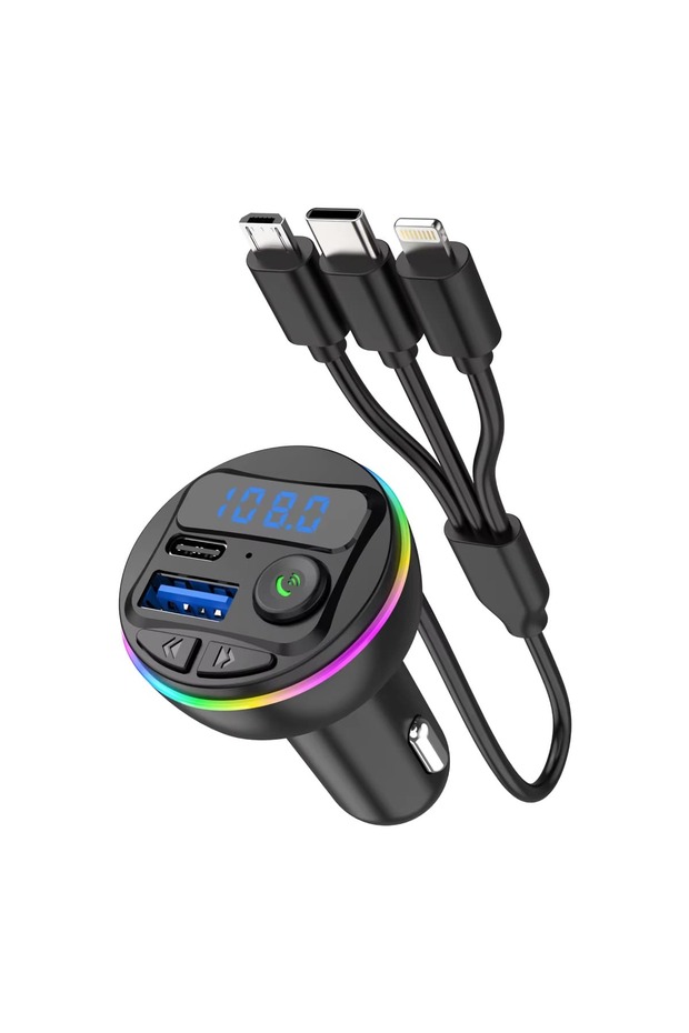 Wireless Car FM Transmitter BT V5.0 with Colorful LED Lights - Convenient MP3 Player with charge cable