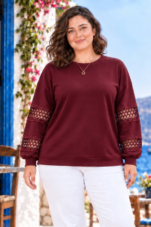 Plus Size Crystal Fabric Stylish Lace Sleeve Blouse
