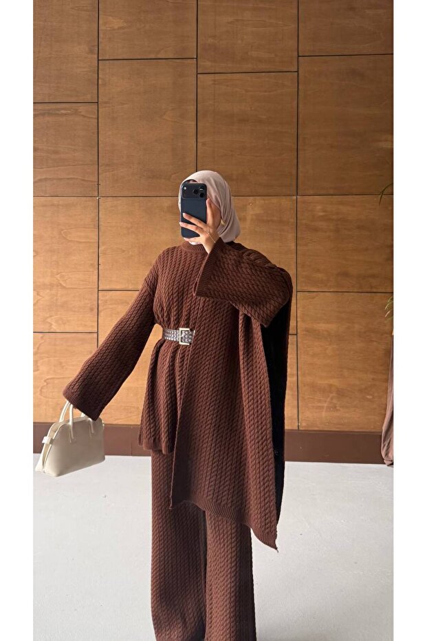 Women's Knitwear 3-Piece Set | Knitted Patterned Tunic Pants Shawl Detailed Belted Hijab Top and Bottom Set Combination