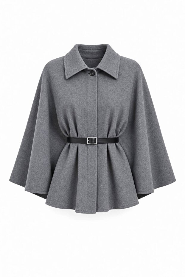 Belted Women's Wool Checked Poncho - Gray