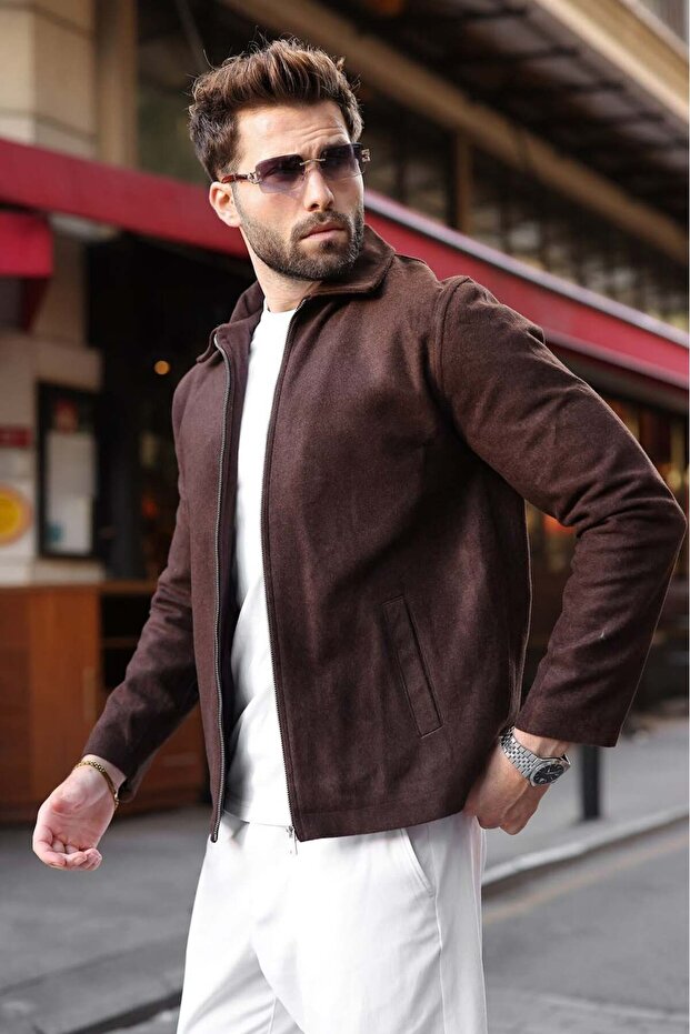 Brown Zippered Lined Cashmere Men's Jacket E7207