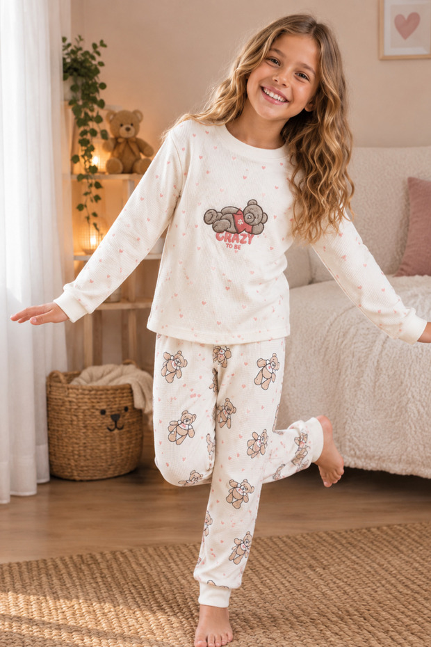 Girls' Waffle Fabric Teddy Bear Patterned Pajama Set Heart Patterned Long Sleeve Comfortable Home Wear