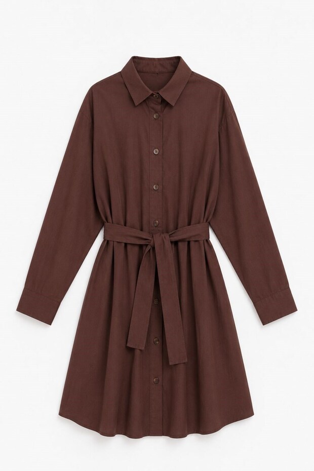Women's Buttoned Shirt Collar Belted Long Sleeve Dress Coffee