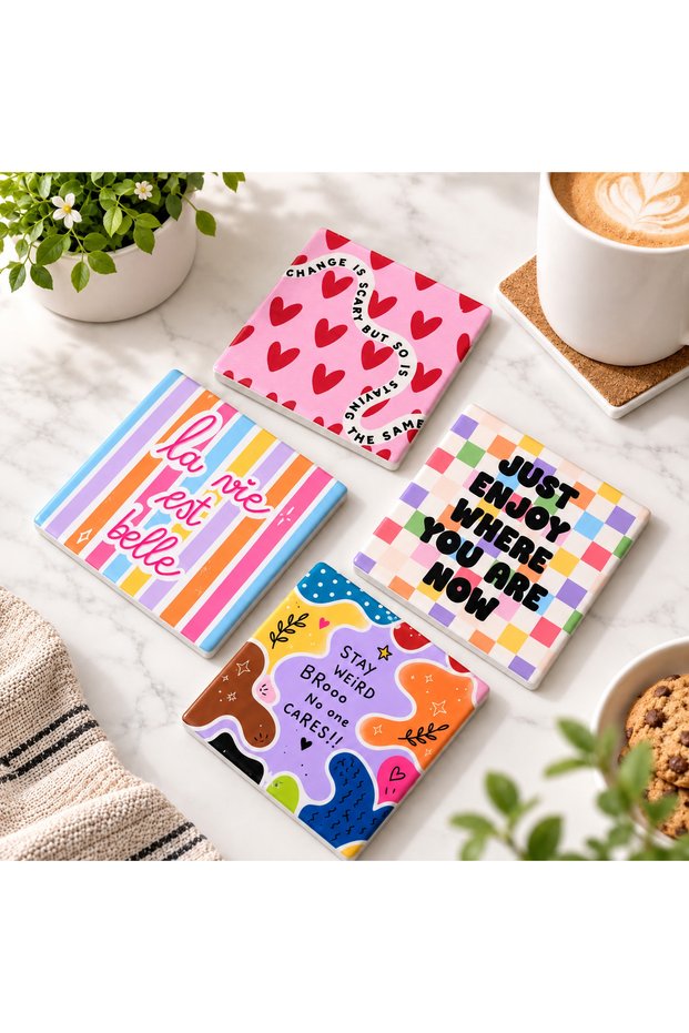 Colorful Ceramic Coasters Set of 4, 10x10 cm – Decorative Drink Coasters with Inspirational Quotes, Cork Backing, Fun Modern Table Coasters for Home, Office & Coffee Table
