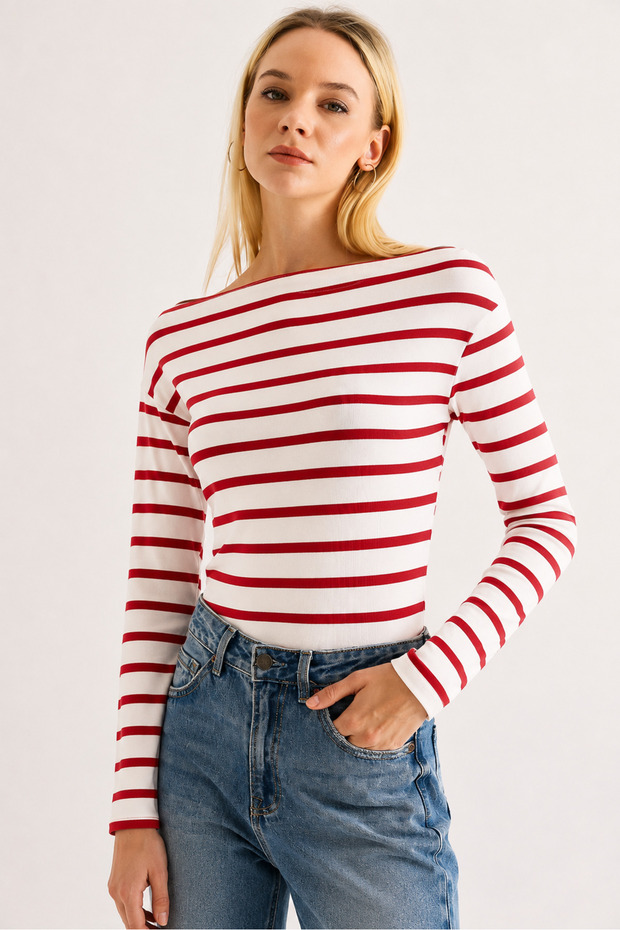 Stripe Pattern Wide Collar Long Sleeve Blouse Red