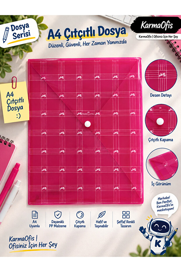 A4 Snap Fastener File Patterned Transparent Colorful Pp Document Folder – Red
