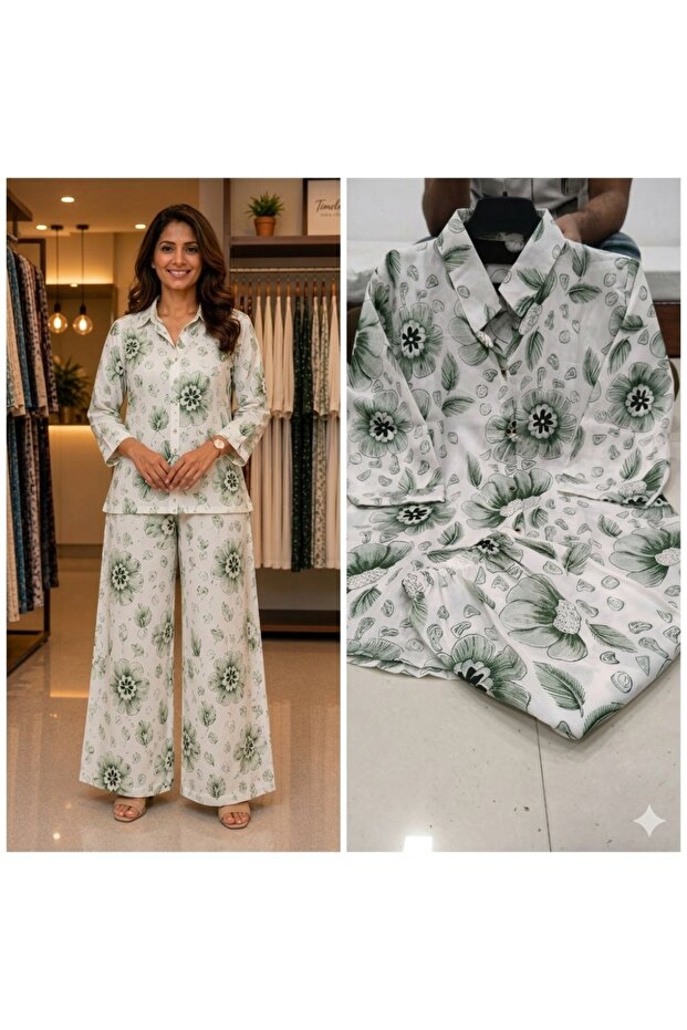 Green Patchwork Print Cotton Co-Ord Set - RMD9304 | Green-Size:L-40-Inches