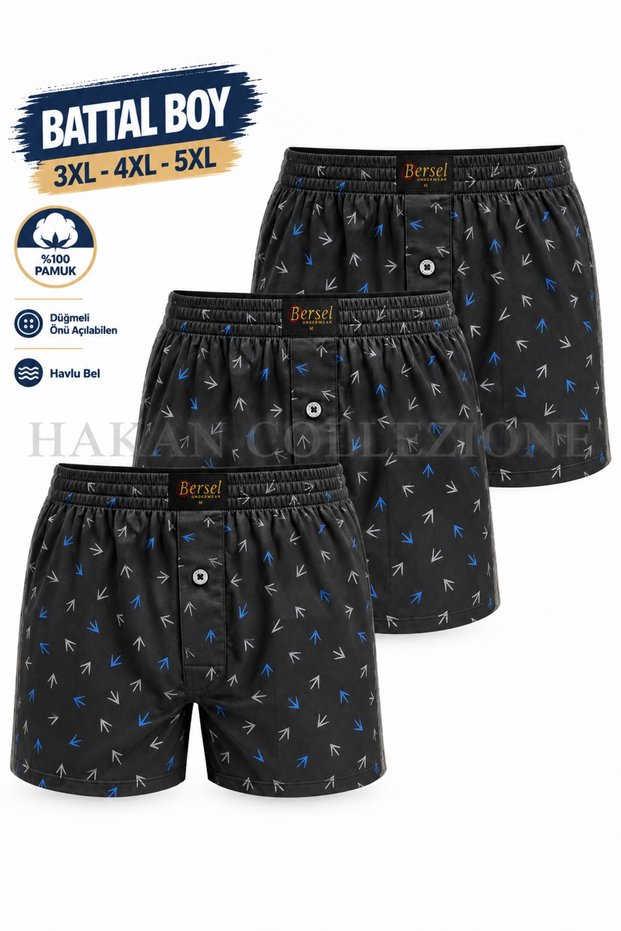 Bersel Battal Size Men's Boxer 100% Cotton Towel Waist Buttoned Openable Front Patterned Boxer