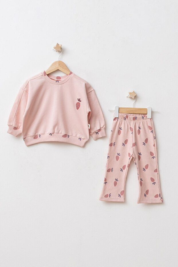 Baby Girl Carrot Printed 100% Cotton 2 Thread Sweatshirt and Ribbed Camisole Pants Two-Piece Set