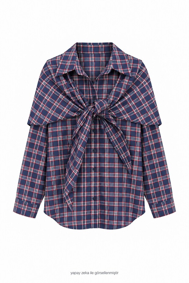 Lacii Scarf Detailed Plaid Shirt Navy Blue
