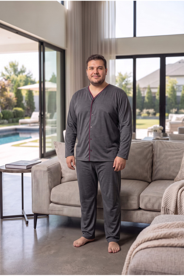 Interlock Fabric Front Buttoned Long Sleeve Plus Size Men's Pajama Set 8586