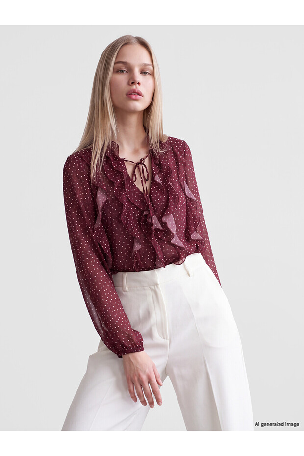 Alita City with a Difference, Lcw Vision Burgundy Chiffon Polka Dot Tie Collar Long Sleeve Women's Blouse