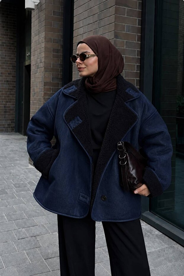 Premium Navy Blue Denim Black Textured Suede Oversize Zr Model Coat Jacket with Plush Inside