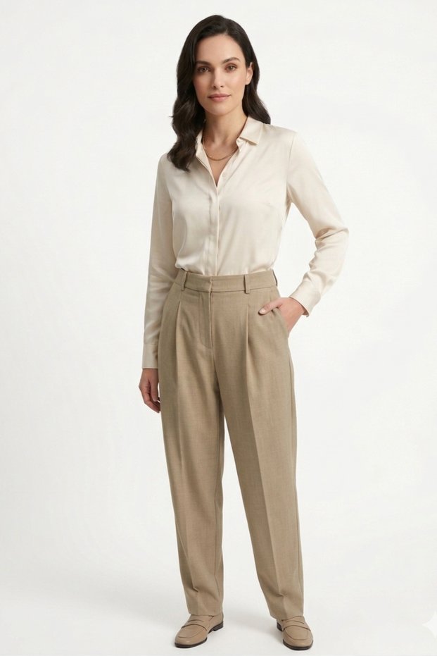 Mink Woven Fabric High Waist Relaxed Fit Pocketed Carrot Model Classic Leg Trousers