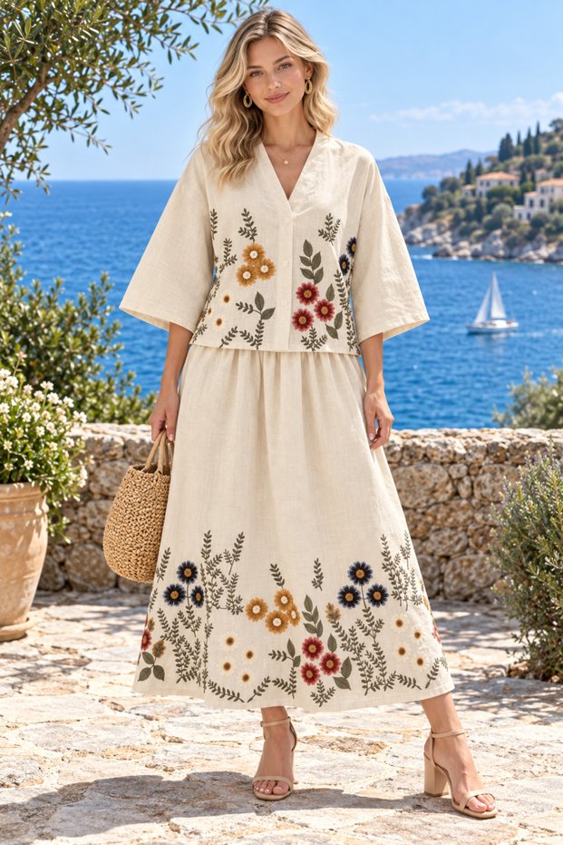 Women's Linen Floral Embroidered Blouse and Long Skirt Set