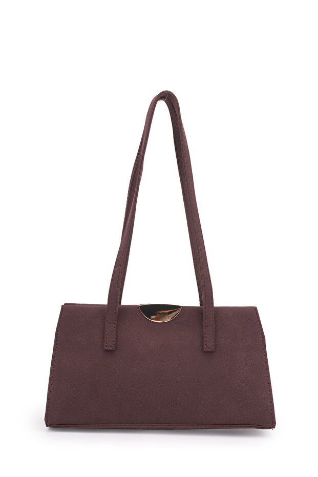 Baguette Form Suede Leather Stella Women's Shoulder Bag with Metal Accessories Brown