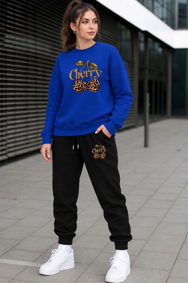 Winter Sweat Combination Women's Tracksuit Set Leopard Cherry Detailed Comfortable and Stylish Combination Gold Cherry