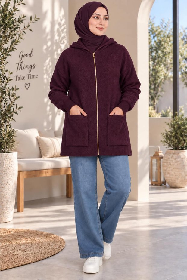 Women's Bearded Angora Soft Hooded Zipper Detailed Knitwear Cardigan